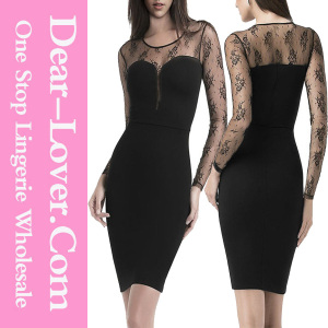 Long Sleeve Celebrity Mesh Insert V-Neck MIDI Party Bodycon Dress